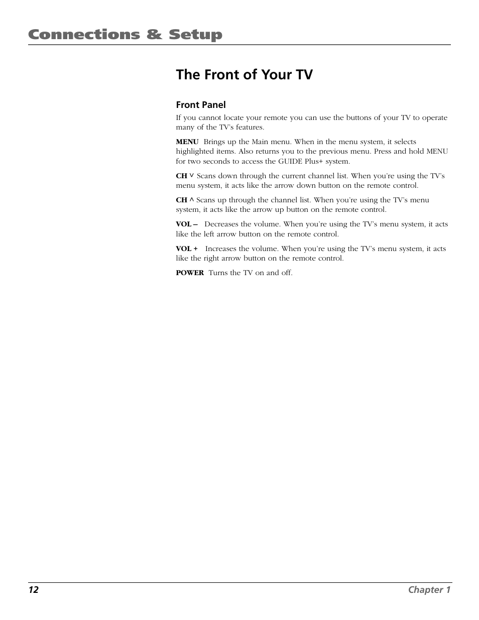 The front of your tv, Connections & setup the front of your tv | RCA F26433 User Manual | Page 14 / 64