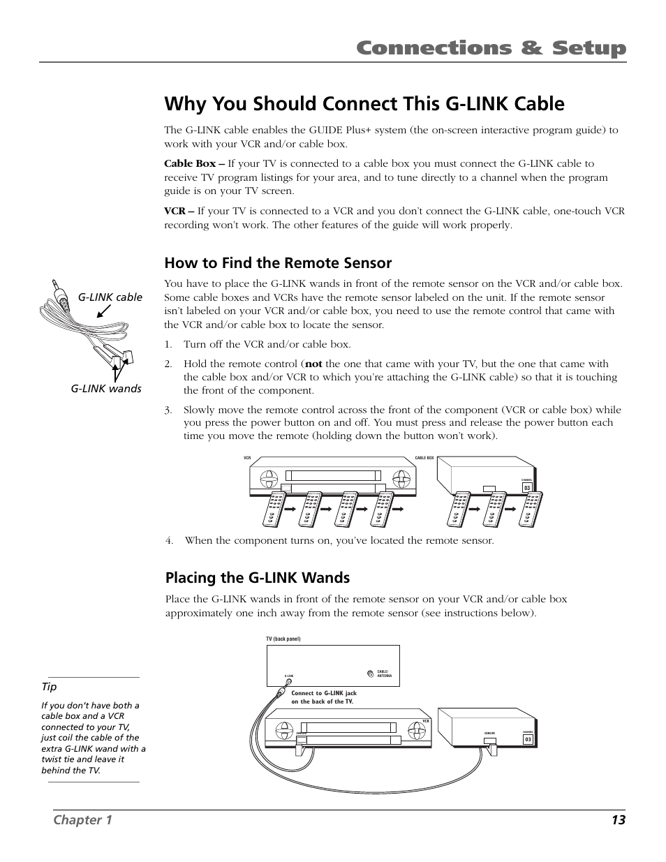 Why you should connect this g-link cable, Connections & setup, How to find the remote sensor | Placing the g-link wands, Chapter 1 13 | RCA F26433 User Manual | Page 15 / 64