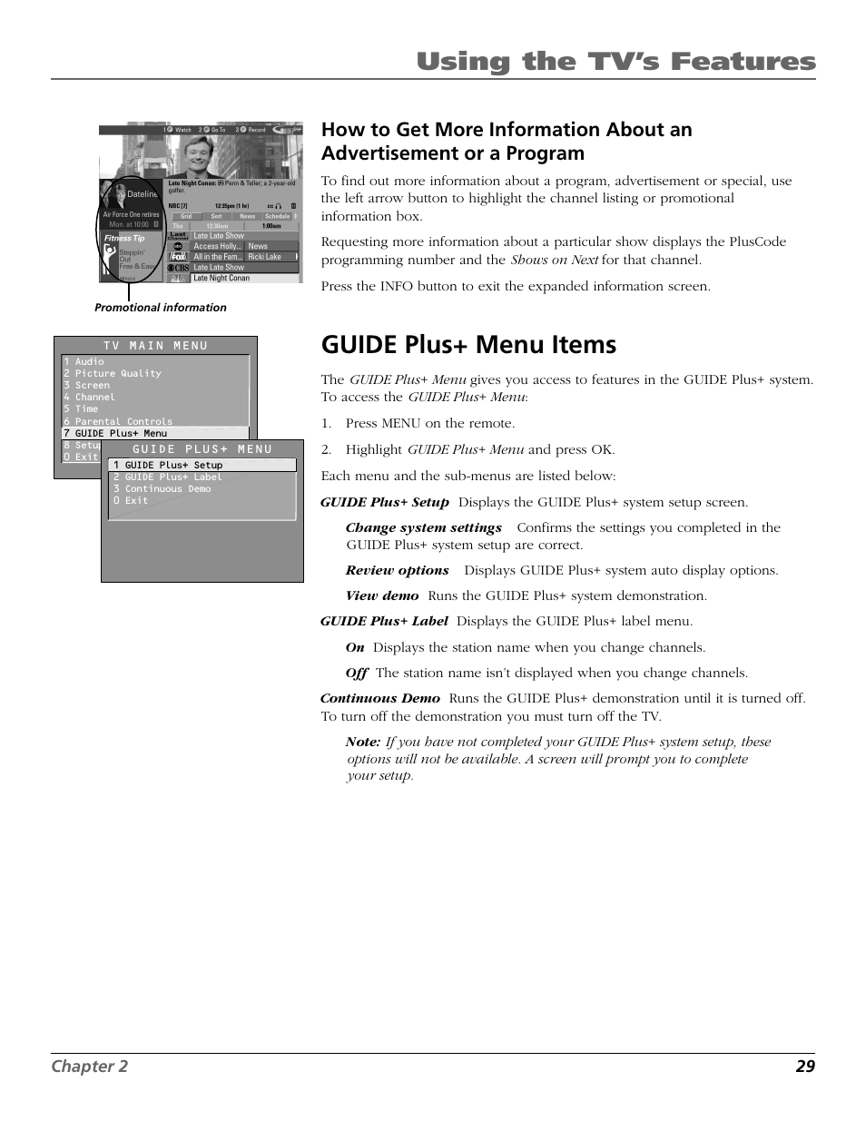 Untitled, Guide plus+ menu items, Using the tv’s features | RCA F26433 User Manual | Page 31 / 64