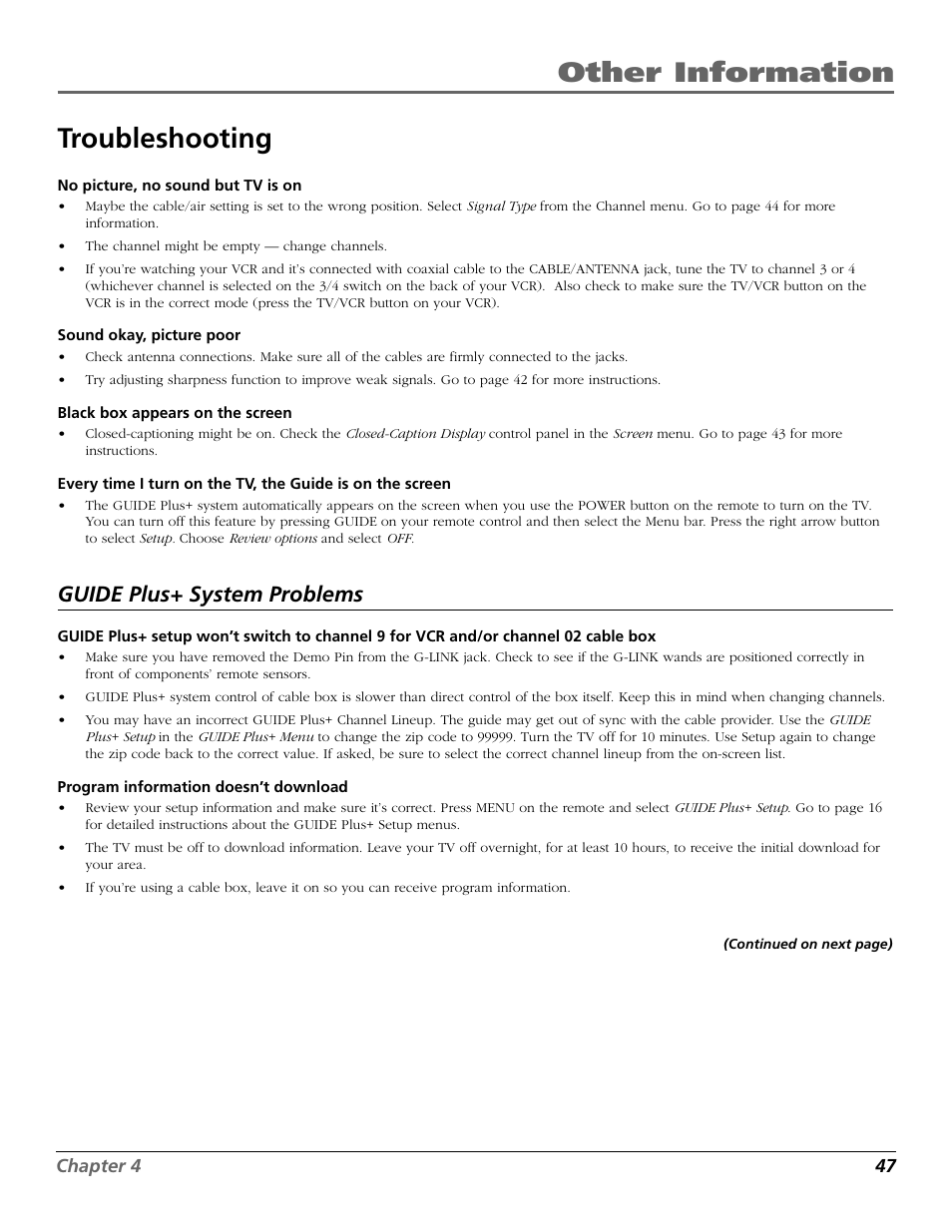 Other information troubleshooting, Guide plus+ system problems | RCA F26433 User Manual | Page 49 / 64