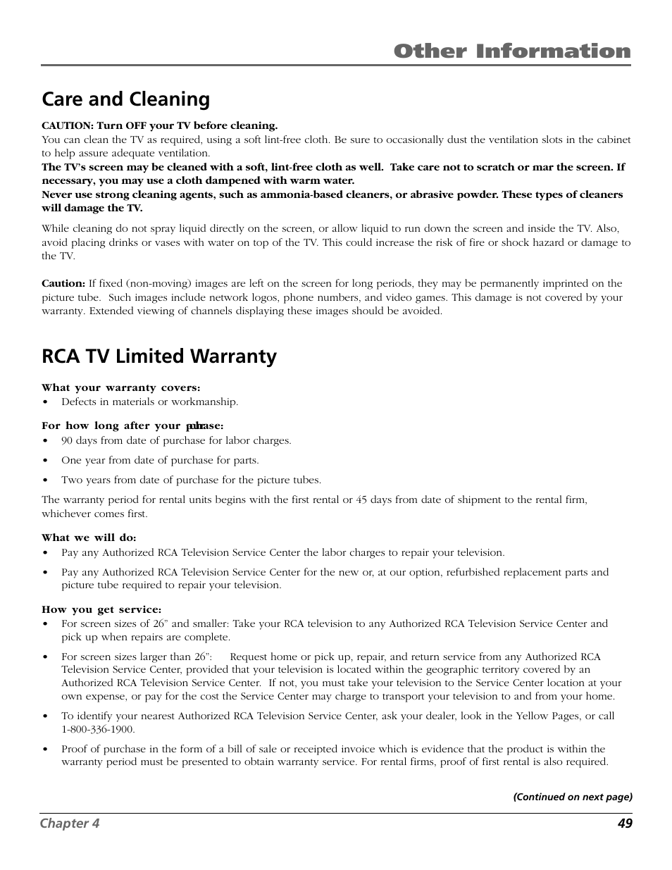 Care and cleaning, Rca tv limited warranty, Other information care and cleaning | RCA F26433 User Manual | Page 51 / 64