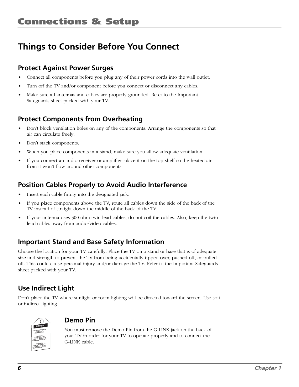 Things to consider before you connect, Protect against power surges, Protect components from overheating | Important stand and base safety information, Use indirect light, Demo pin, 6chapter 1 | RCA F26433 User Manual | Page 8 / 64