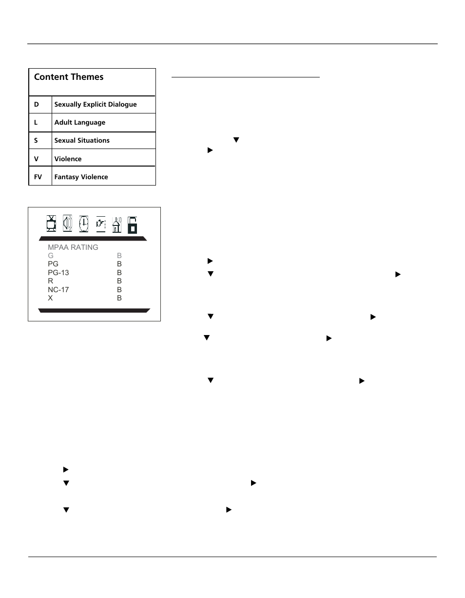 Using tv menus, Blocking specific content themes, V-chip movie rating limit | Parental guide on (activate v-chip), Content themes | RCA 14F400T User Manual | Page 11 / 16