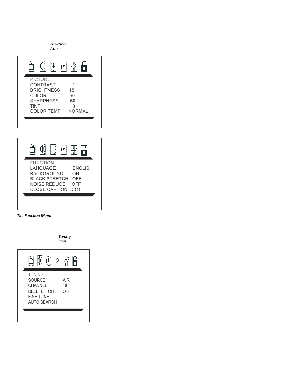 Using tv menus, Complete the initial setup, Set the language | Complete auto channel search | RCA 14F400T User Manual | Page 6 / 16