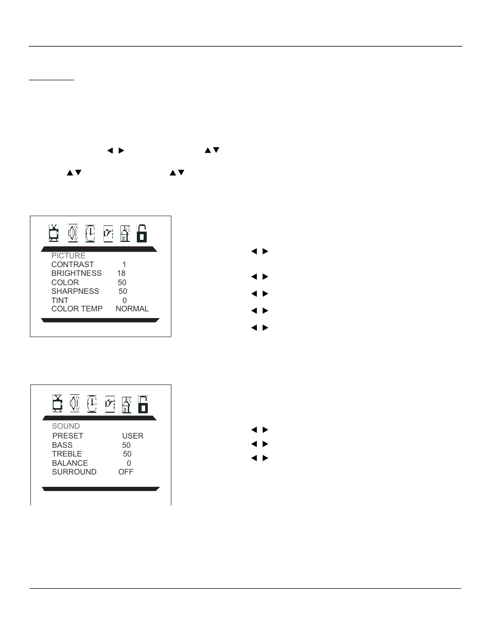 Using tv menus, Tv menus, The picture menu | The sound menu, Tv menu navigation | RCA 14F400T User Manual | Page 7 / 16