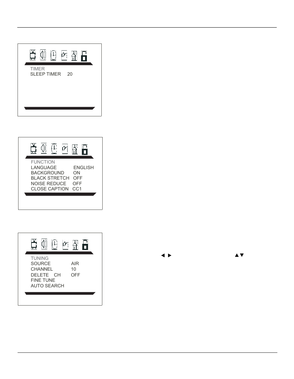 Using tv menus, The timer menu, The function menu | The tuning menu | RCA 14F400T User Manual | Page 8 / 16