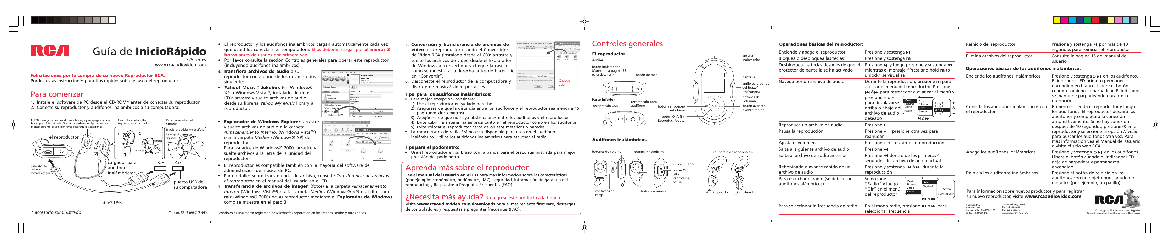 Guía de iniciorápido, Aprenda más sobre el reproductor, Necesita más ayuda | Para comenzar, Controles generales | RCA S25 SERIES User Manual | Page 2 / 2