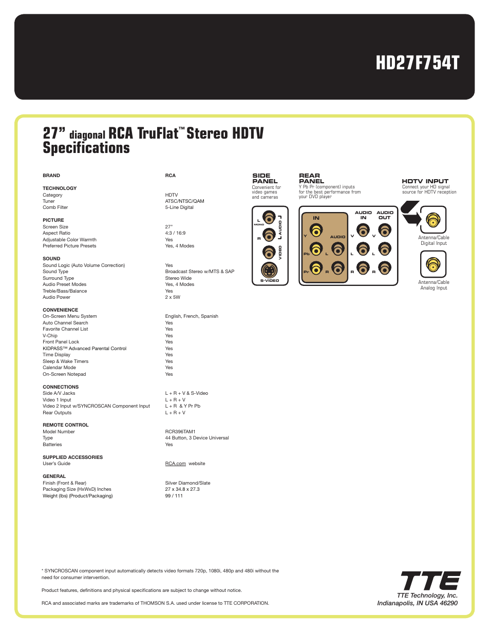 Rca truflat, Stereo hdtv specifications, Diagonal | RCA TruFlat HD27F754T User Manual | Page 2 / 2