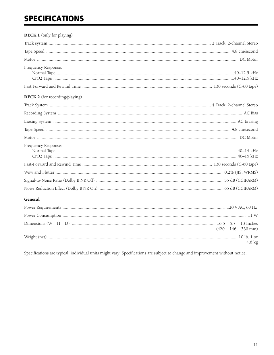 Specifications | RCA DUAL CASSETTE DUBBING DECK SCT-550 User Manual | Page 11 / 12