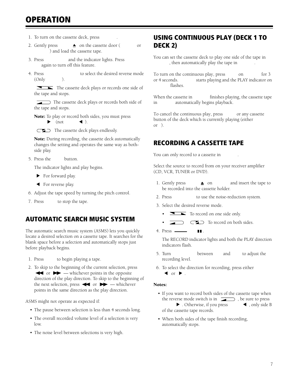 Operation, Automatic search music system, Using continuous play (deck 1 to deck 2) | Recording a cassette tape | RCA DUAL CASSETTE DUBBING DECK SCT-550 User Manual | Page 7 / 12