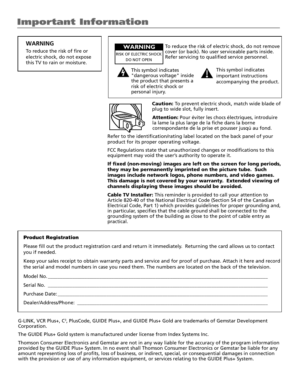 Important information | RCA 15634620 User Manual | Page 2 / 64