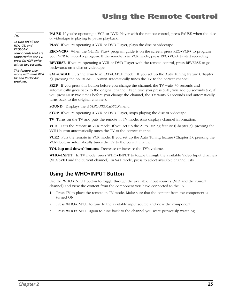 Using the remote control, Using the who•input button | RCA 15634620 User Manual | Page 27 / 64