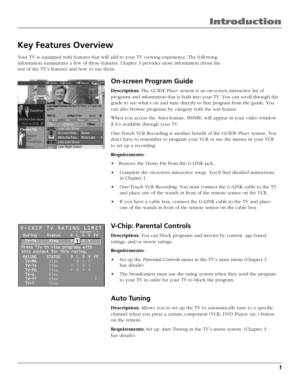 Introduction, Key features overview, On-screen program guide | V-chip: parental controls, Auto tuning | RCA 15634620 User Manual | Page 3 / 64