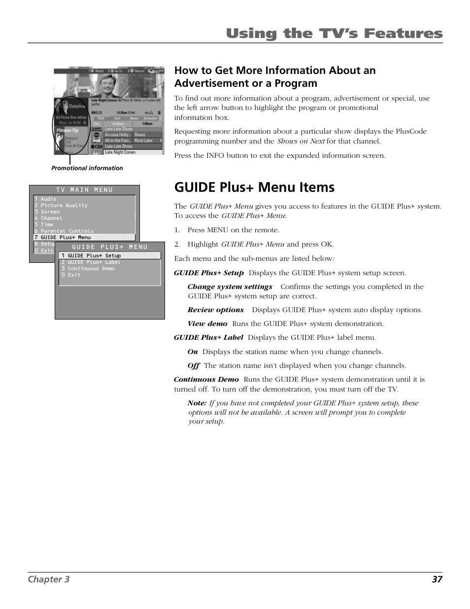 Using the tv’s features, Guide plus+ menu items | RCA 15634620 User Manual | Page 39 / 64
