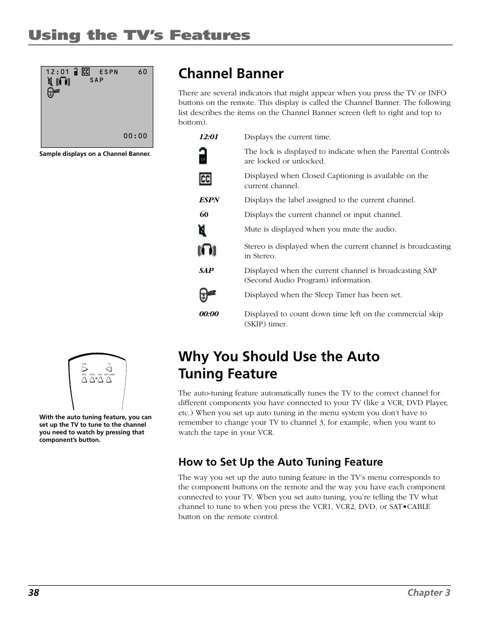 Using the tv’s features, Channel banner, Why you should use the auto tuning feature | How to set up the auto tuning feature, 38 chapter 3 | RCA 15634620 User Manual | Page 40 / 64