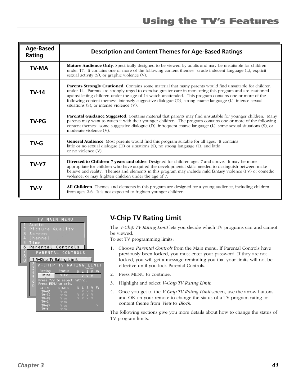 Using the tv’s features, V-chip tv rating limit, Chapter 3 41 | RCA 15634620 User Manual | Page 43 / 64