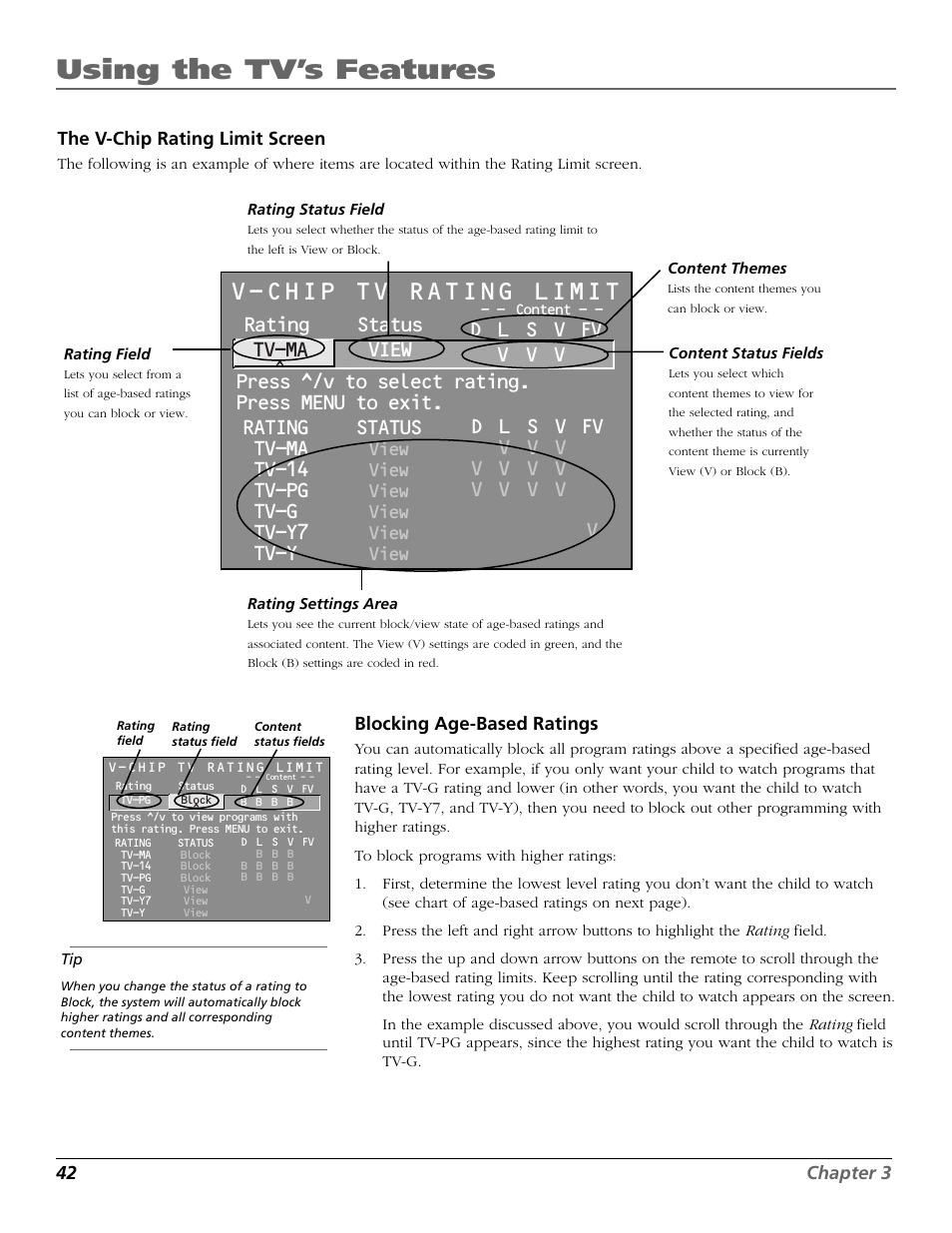 Using the tv’s features, V-chip tv rating limit, Rating status tv-ma view | Tv-14, Tv-pg, Tv-g, Tv-y7, Tv-y, View | RCA 15634620 User Manual | Page 44 / 64