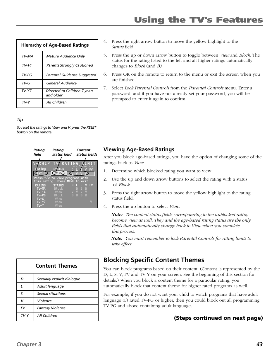 Using the tv’s features, Blocking specific content themes, Chapter 3 43 | Viewing age-based ratings, Content themes (steps continued on next page) | RCA 15634620 User Manual | Page 45 / 64