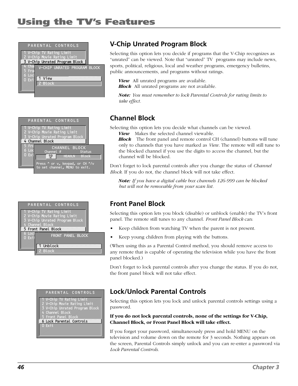 Using the tv’s features, V-chip unrated program block, Channel block | Front panel block, Lock/unlock parental controls, 46 chapter 3 | RCA 15634620 User Manual | Page 48 / 64