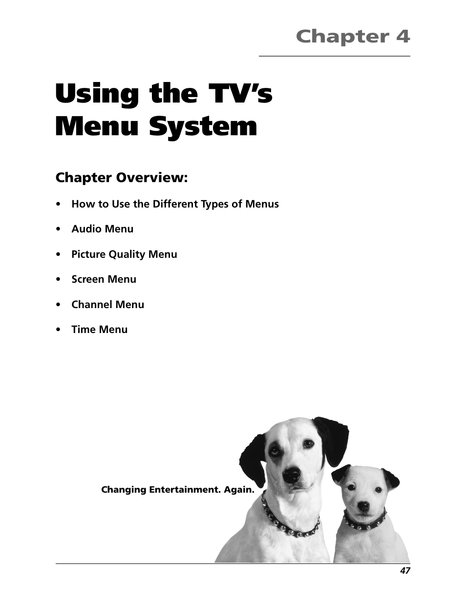 Using the tv’s menu system, Chapter 4, Chapter overview | RCA 15634620 User Manual | Page 49 / 64