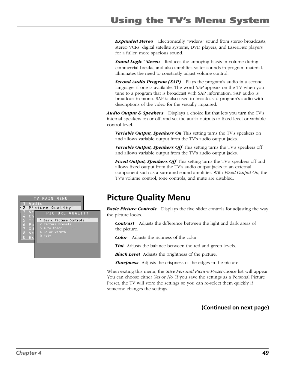 Using the tv’s menu system, Picture quality menu | RCA 15634620 User Manual | Page 51 / 64