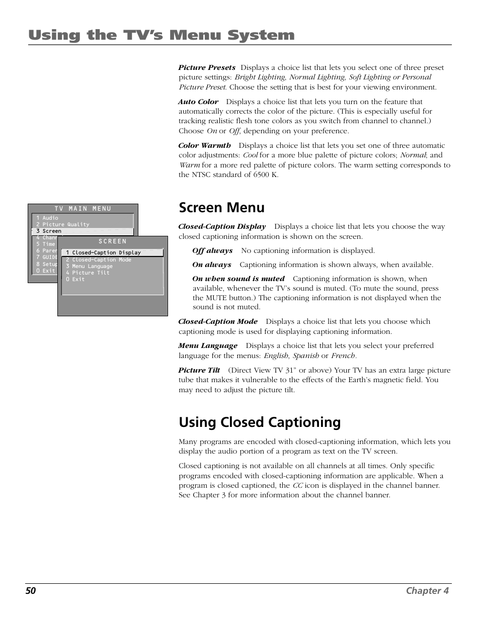 Using the tv’s menu system, Screen menu, Using closed captioning | RCA 15634620 User Manual | Page 52 / 64