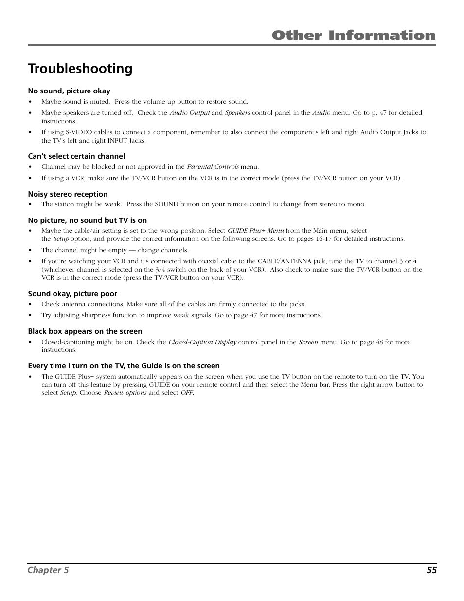 Other information troubleshooting | RCA 15634620 User Manual | Page 57 / 64
