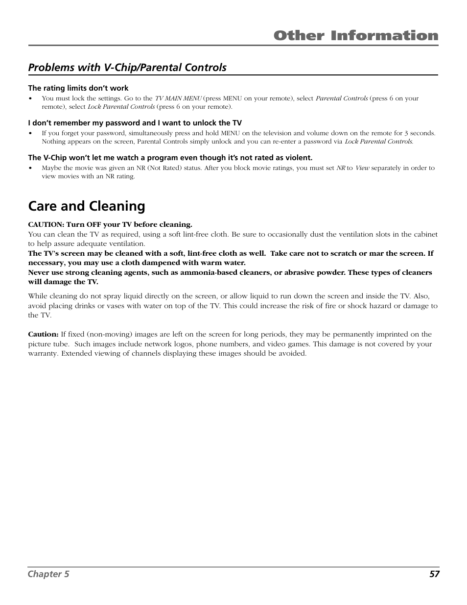 Other information, Care and cleaning, Problems with v-chip/parental controls | RCA 15634620 User Manual | Page 59 / 64