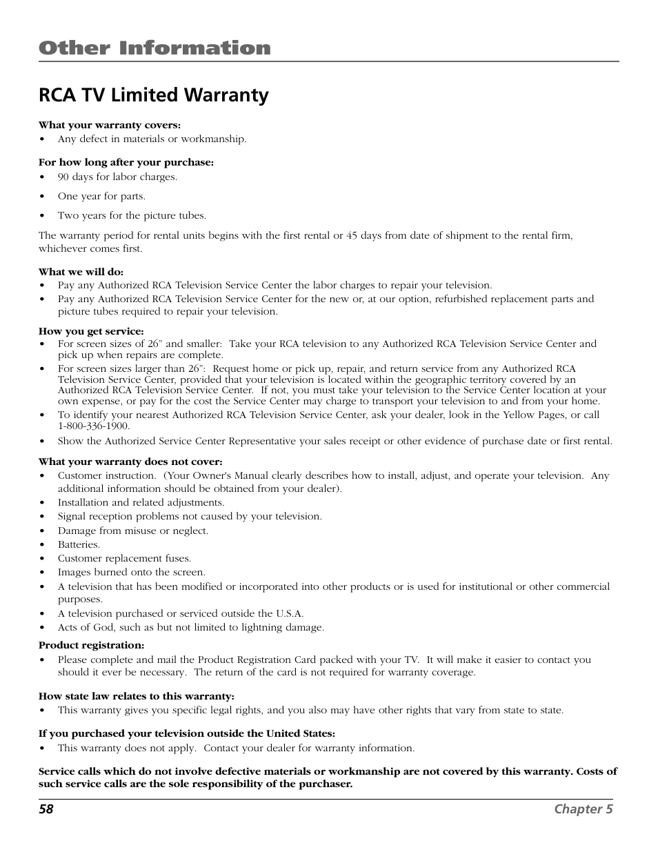 Other information, Rca tv limited warranty | RCA 15634620 User Manual | Page 60 / 64