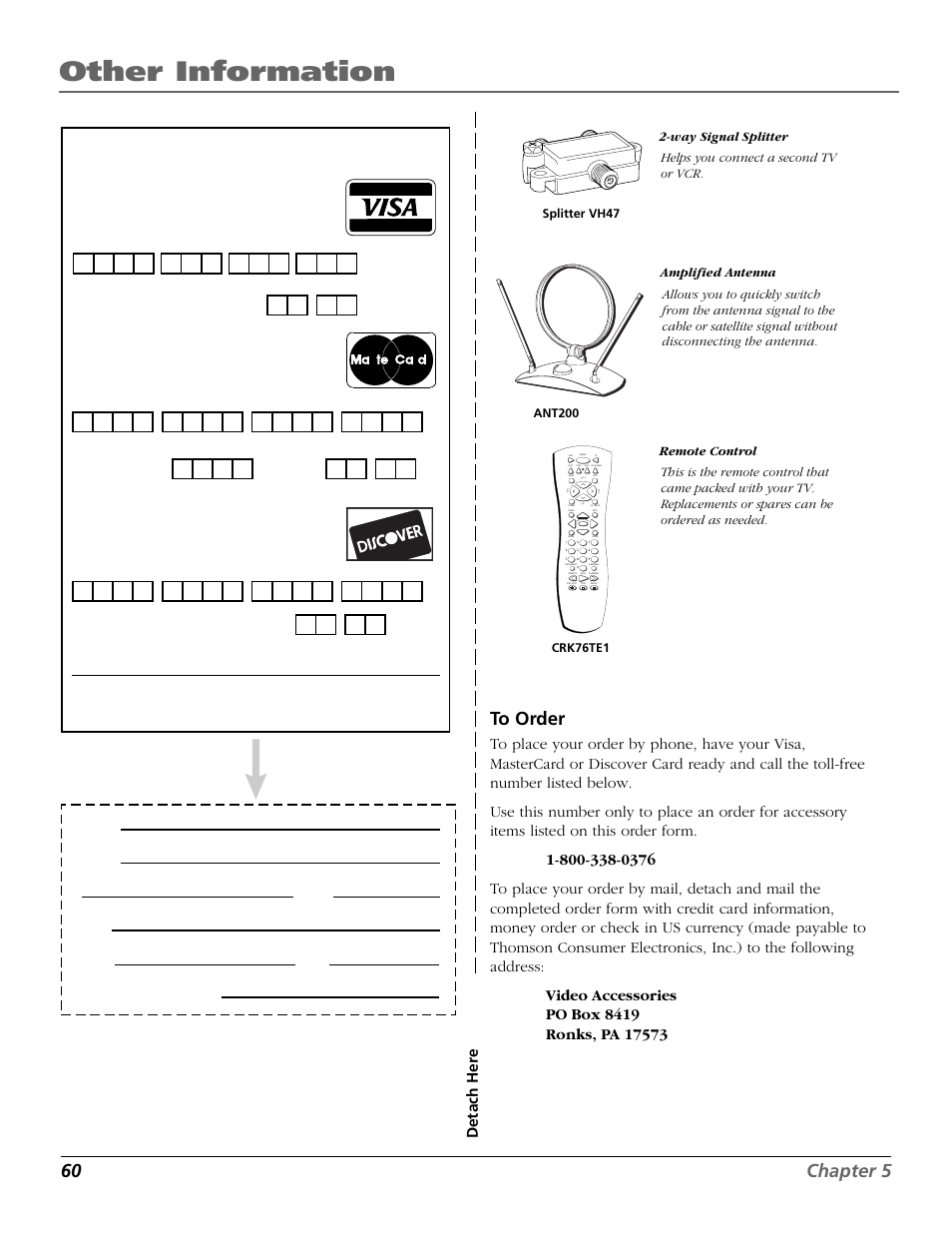 Other information, 60 chapter 5 to order, Detach her e | Use your credit card, Daytime phone number | RCA 15634620 User Manual | Page 62 / 64