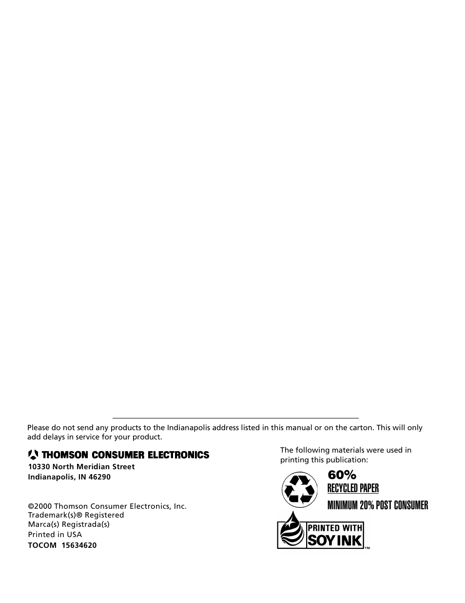 60% recycled paper minimum 20% post consumer | RCA 15634620 User Manual | Page 64 / 64