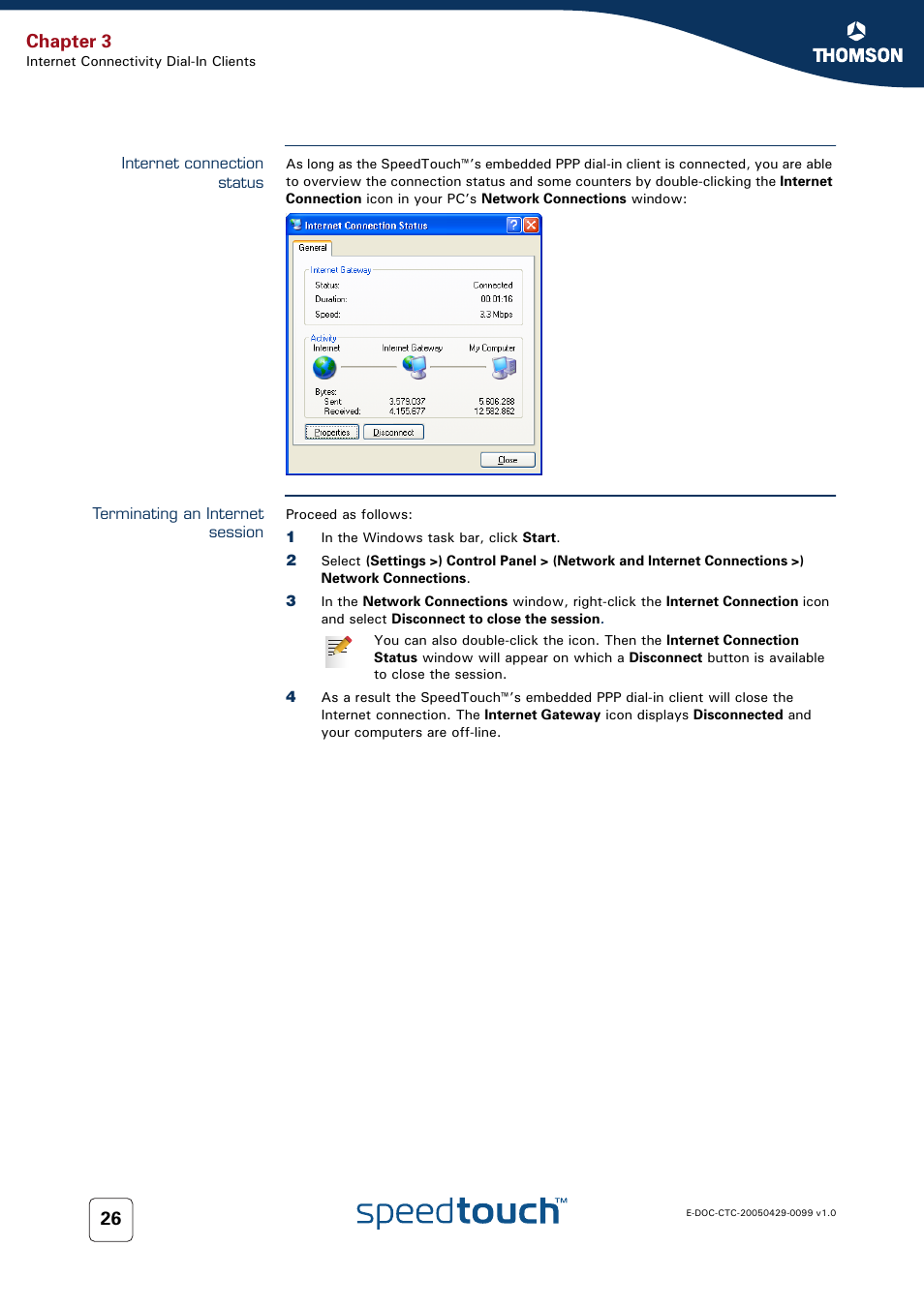 Internet connection status, Terminating an internet session, Chapter 3 | RCA SpeedTouch 536 User Manual | Page 34 / 104