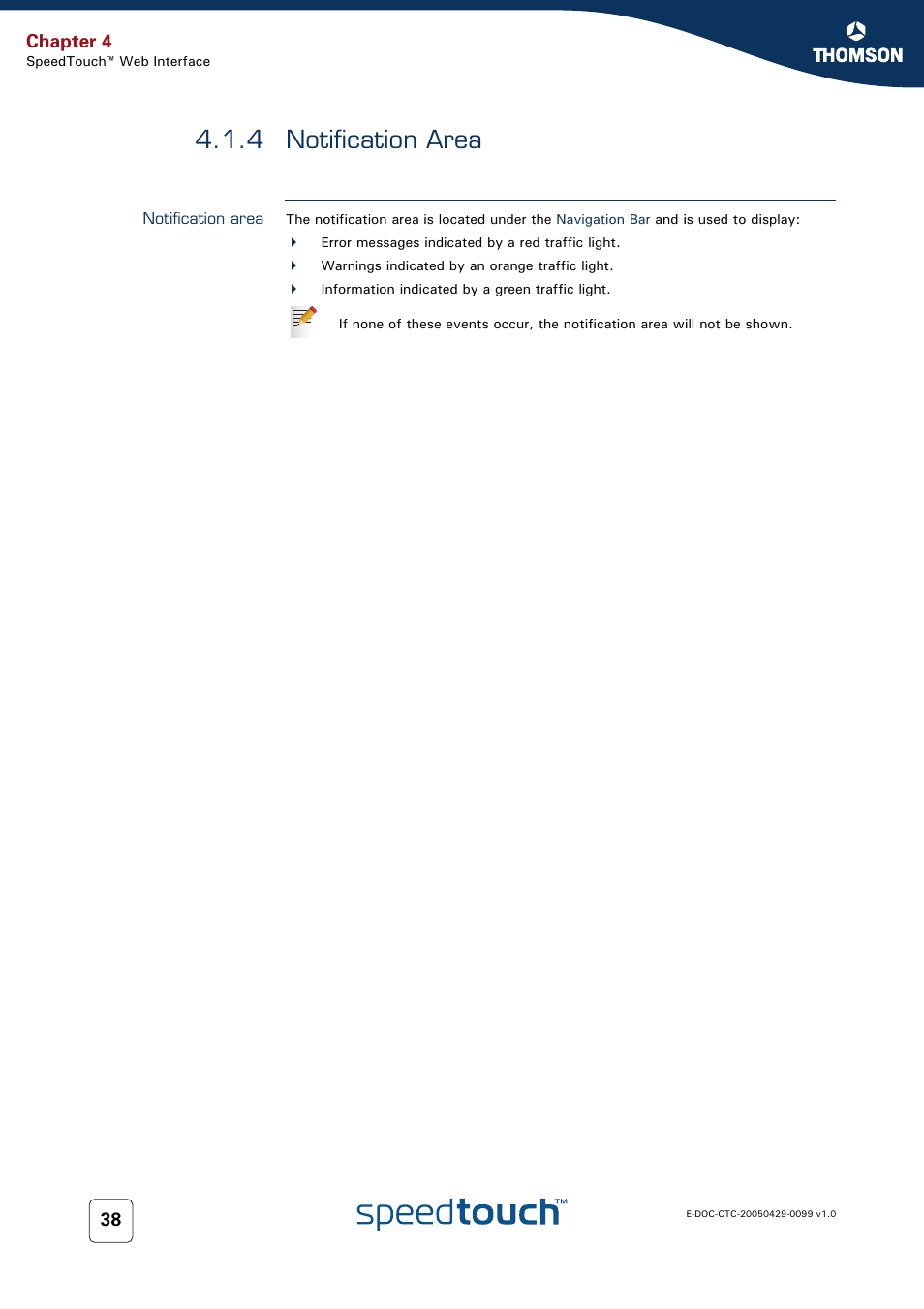 4 notification area, Notification area, Chapter 4 | RCA SpeedTouch 536 User Manual | Page 46 / 104