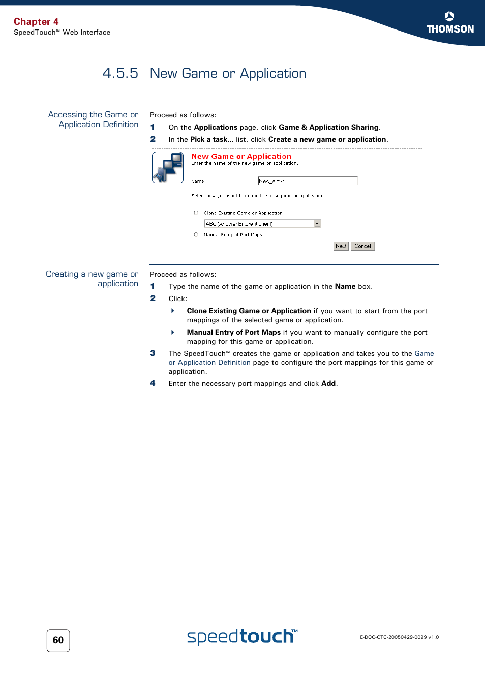 5 new game or application, Accessing the game or application definition, Creating a new game or application | New game or application, Chapter 4 | RCA SpeedTouch 536 User Manual | Page 68 / 104