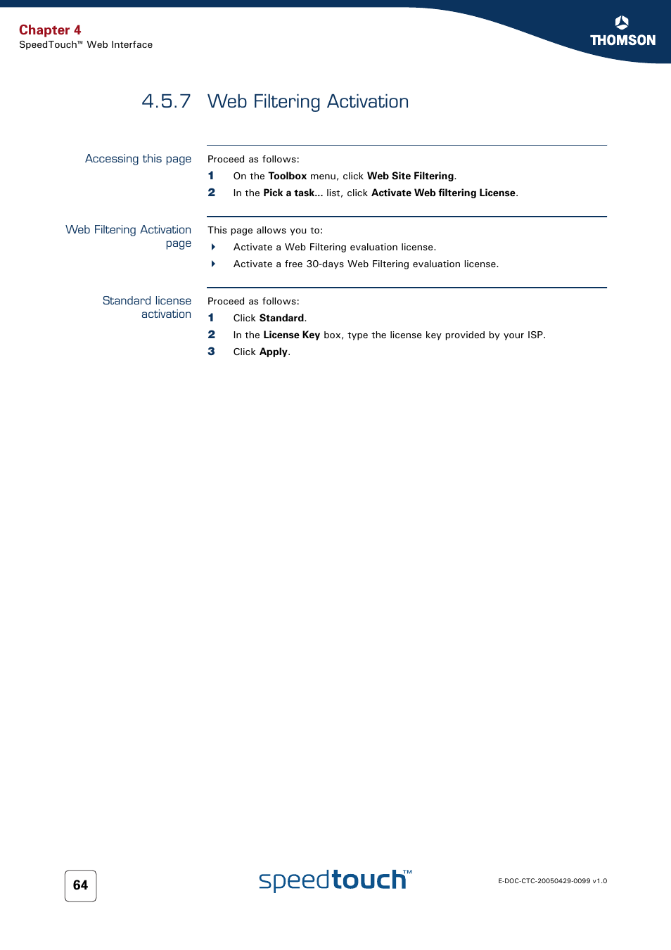 7 web filtering activation, Standard license activation, Web filtering activation | Chapter 4 | RCA SpeedTouch 536 User Manual | Page 72 / 104