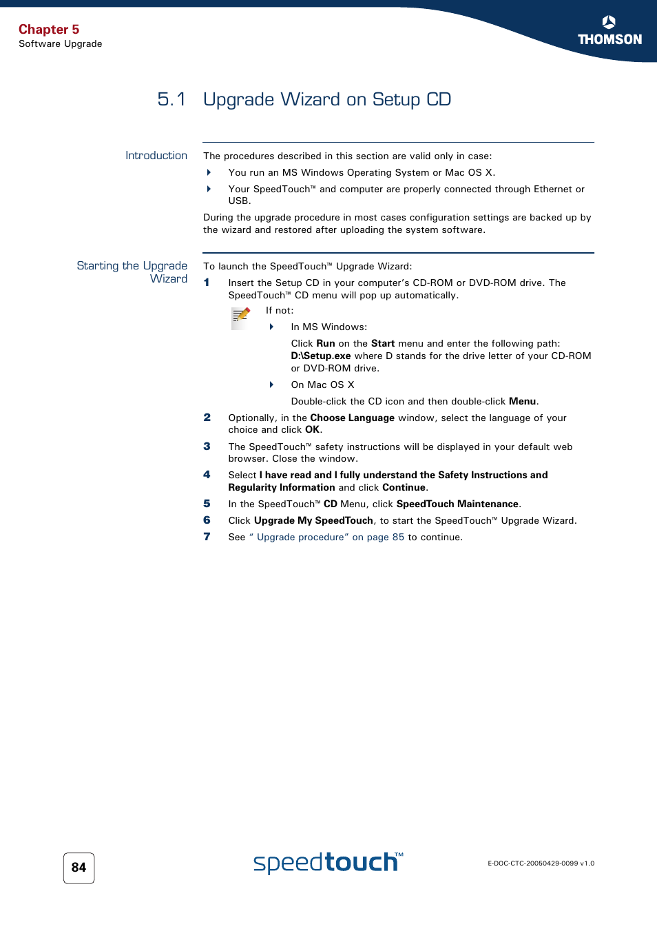 1 upgrade wizard on setup cd, Introduction, Starting the upgrade wizard | Upgrade wizard on setup cd, Chapter 5 | RCA SpeedTouch 536 User Manual | Page 92 / 104