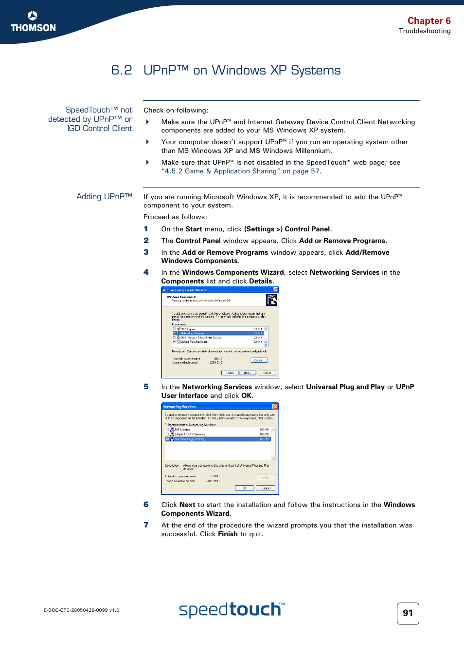 2 upnp™ on windows xp systems, Adding upnp, Upnp™ on windows xp systems | Chapter 6 | RCA SpeedTouch 536 User Manual | Page 99 / 104