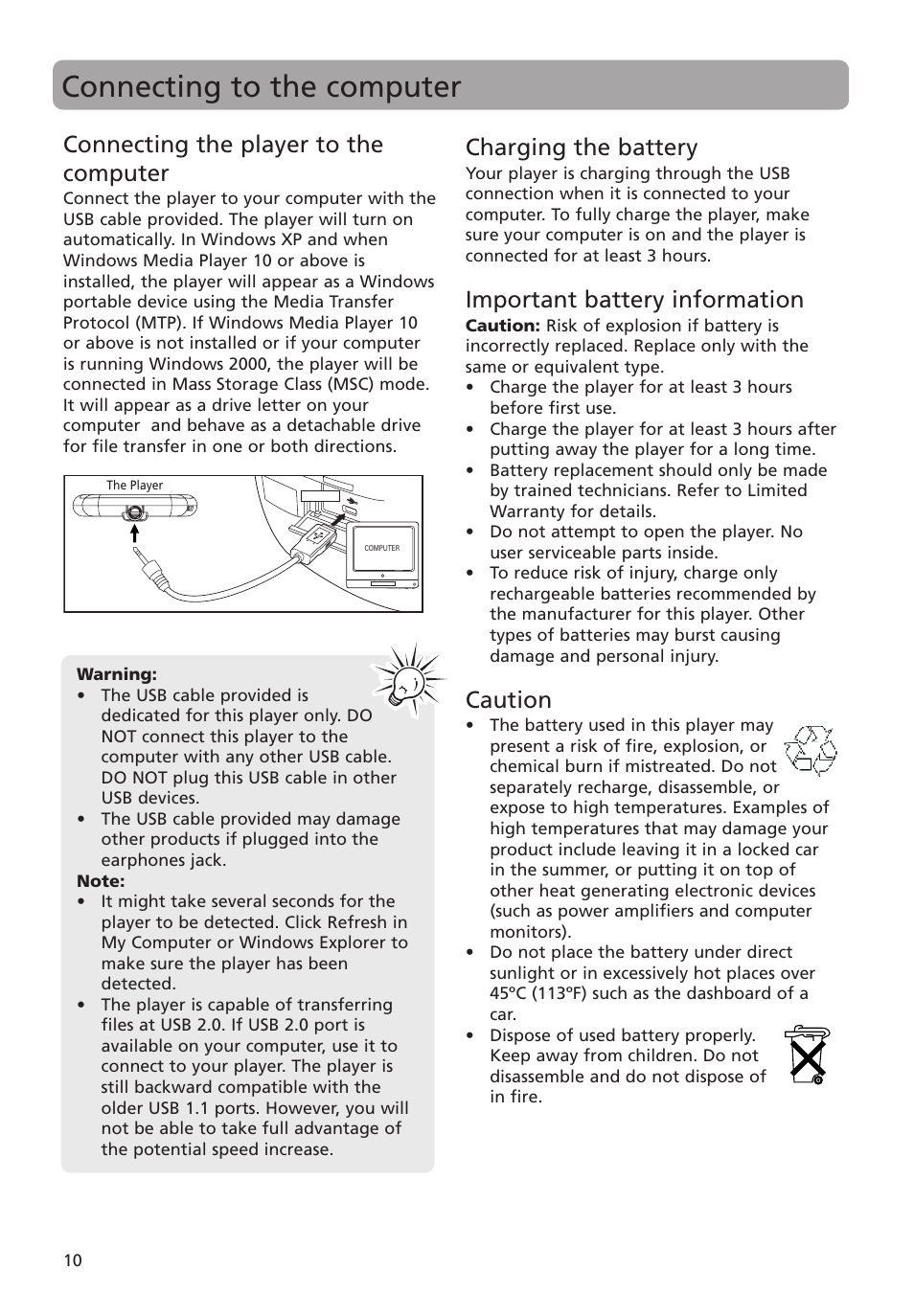 Connecting to the computer, Connecting the player to the computer, Charging the battery | Important battery information, Caution | RCA M4018 User Manual | Page 10 / 28