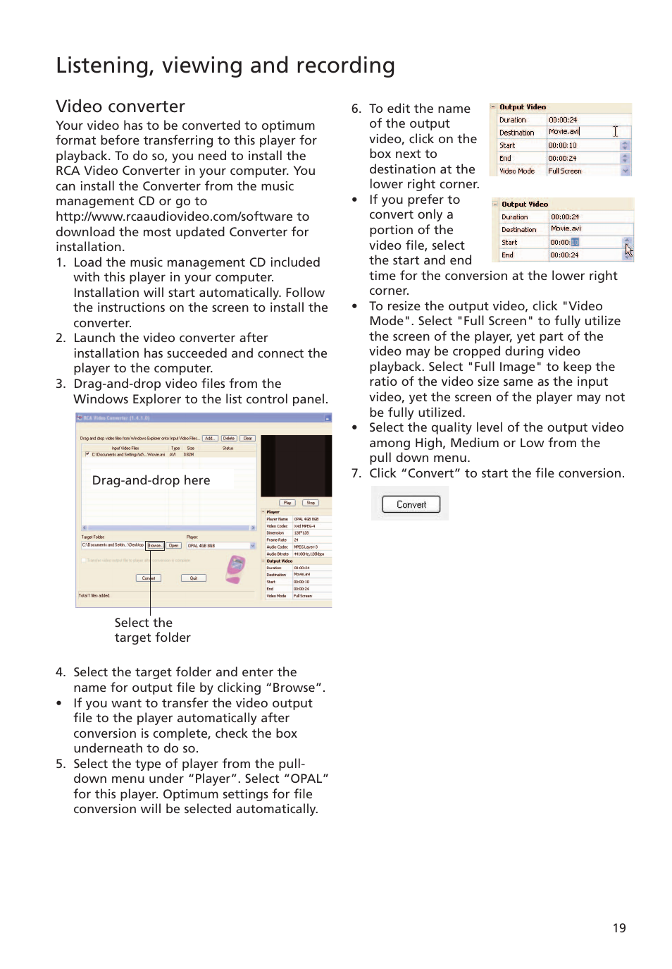 Video converter, Listening, viewing and recording | RCA M4018 User Manual | Page 19 / 28