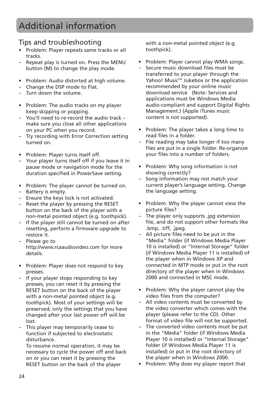 Additional information, Tips and troubleshooting | RCA M4018 User Manual | Page 24 / 28