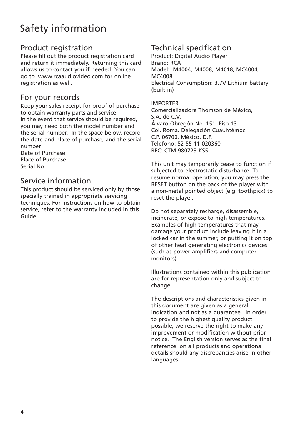 Product registration, For your records, Service information | Technical specification, Safety information | RCA M4018 User Manual | Page 4 / 28