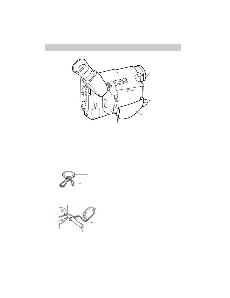 Attach the lens cap cord and adjust the handstrap, First-time operation, B. attach the lens cap cord to the lens cap | Lens cap lens cap cord, Continued on next page) | RCA Pro884HB User Manual | Page 7 / 80