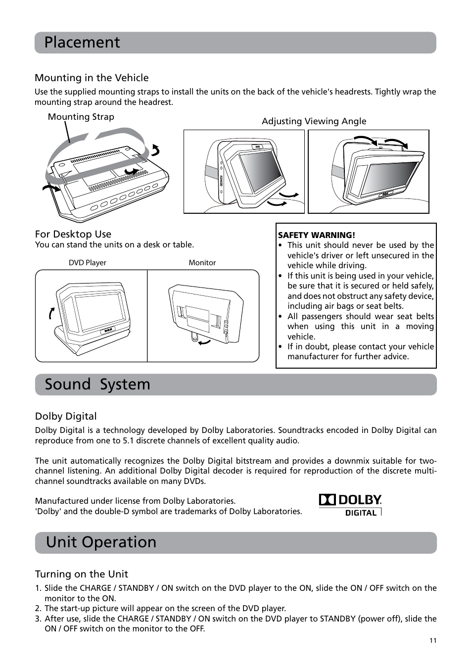 Placement, Unit operation sound system | RCA DRC6379T User Manual | Page 15 / 28