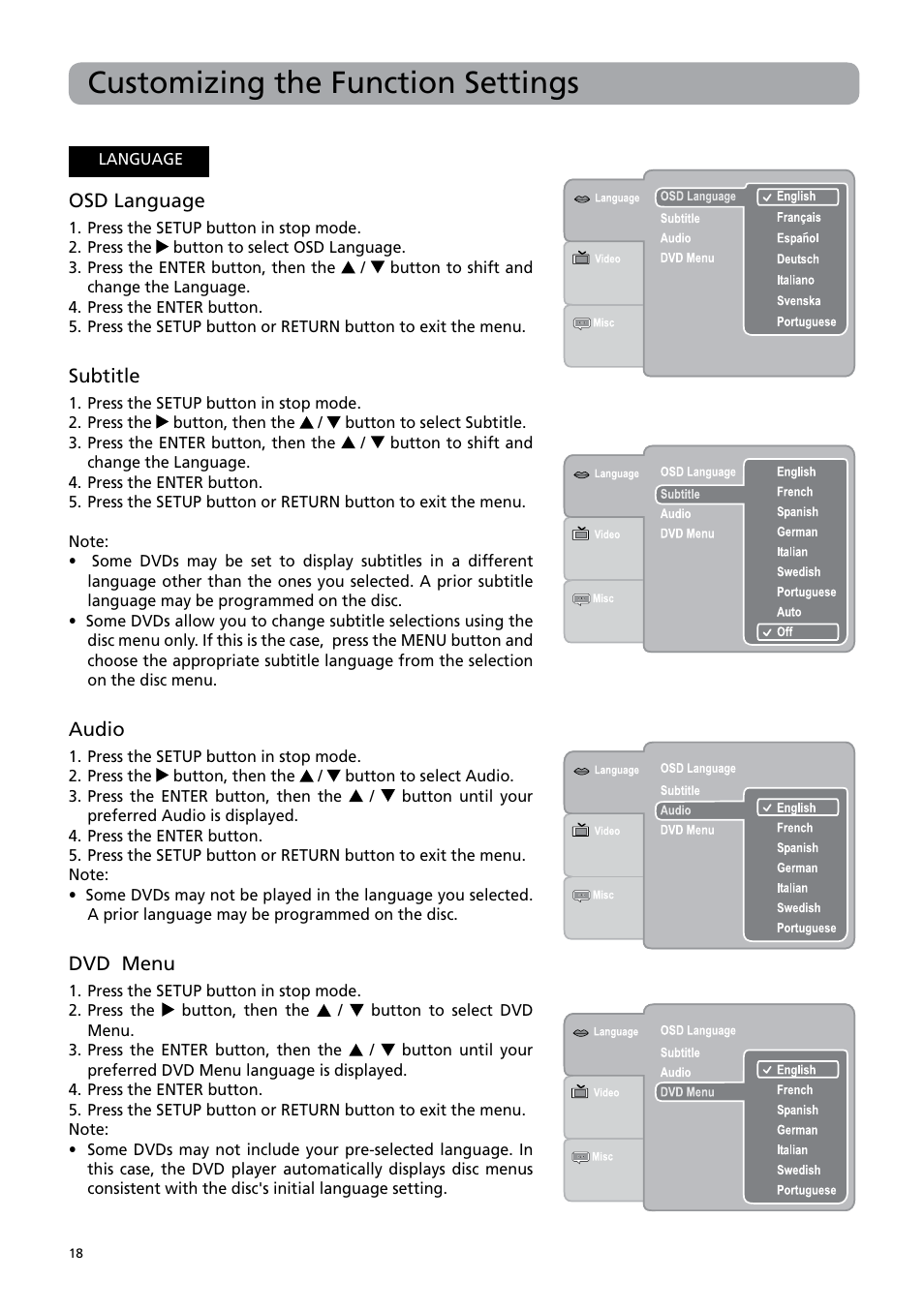Customizing the function settings | RCA DRC6379T User Manual | Page 22 / 28