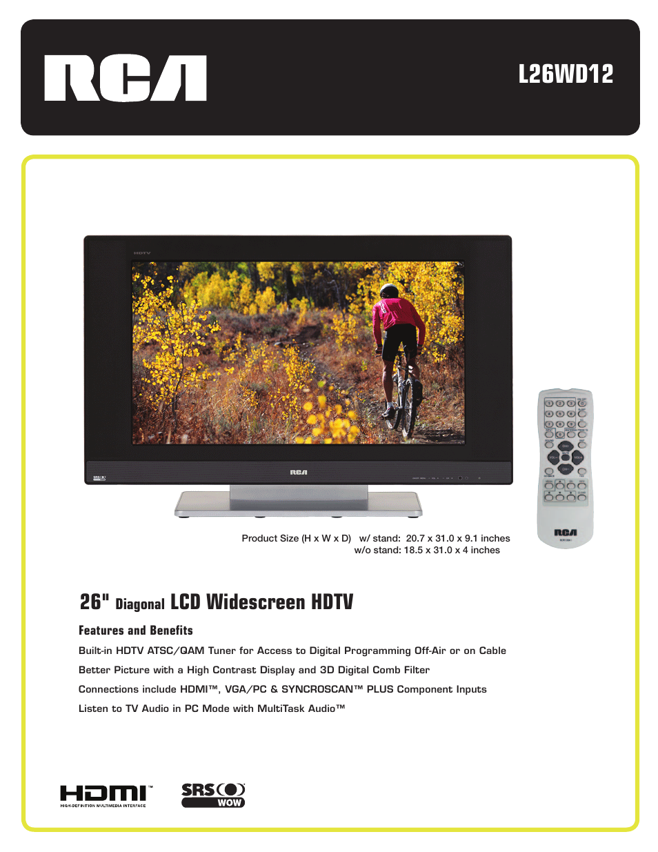 RCA HDMI L26WD12 User Manual | 2 pages