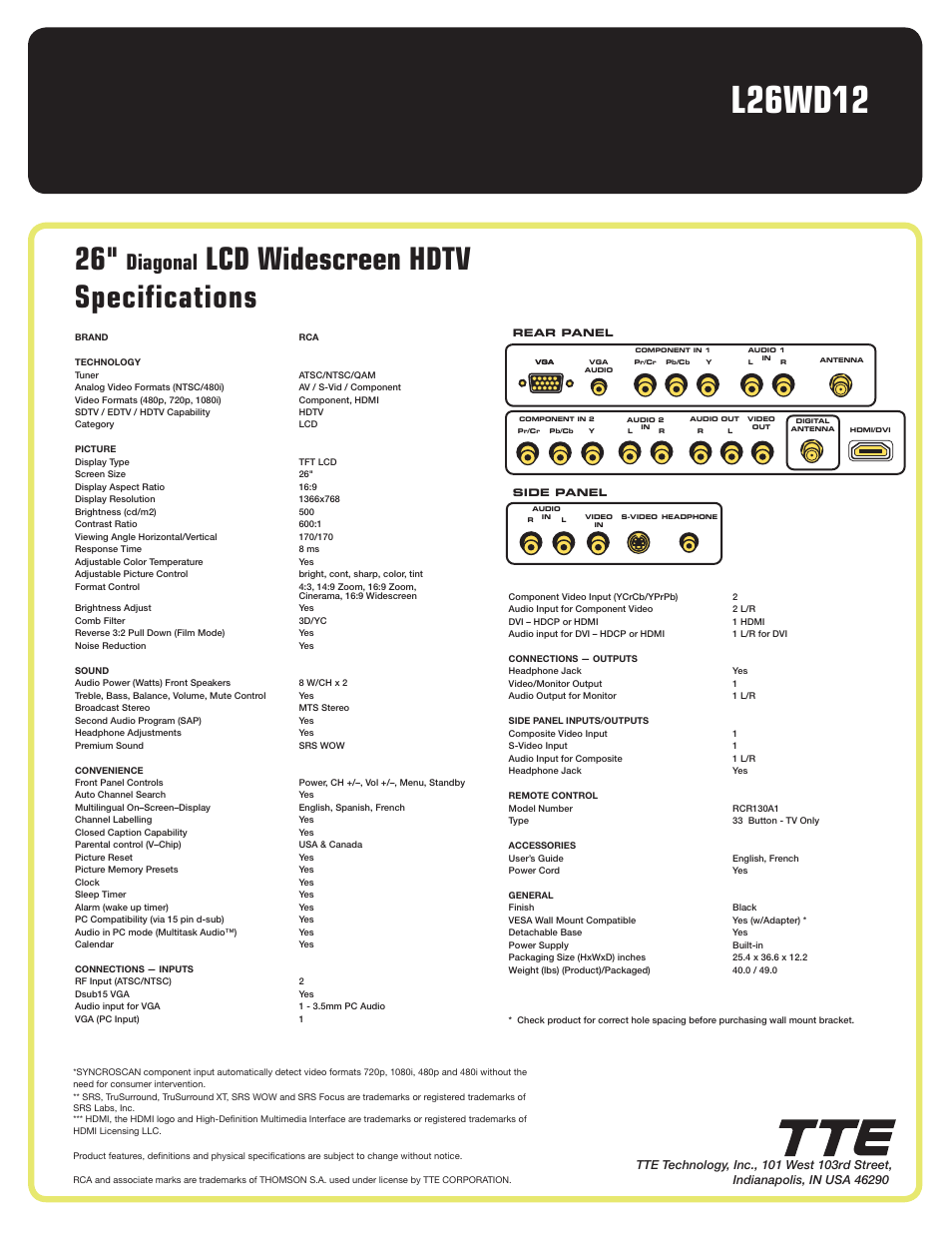 L26wd12, Lcd widescreen hdtv specifications, Diagonal | RCA HDMI L26WD12 User Manual | Page 2 / 2