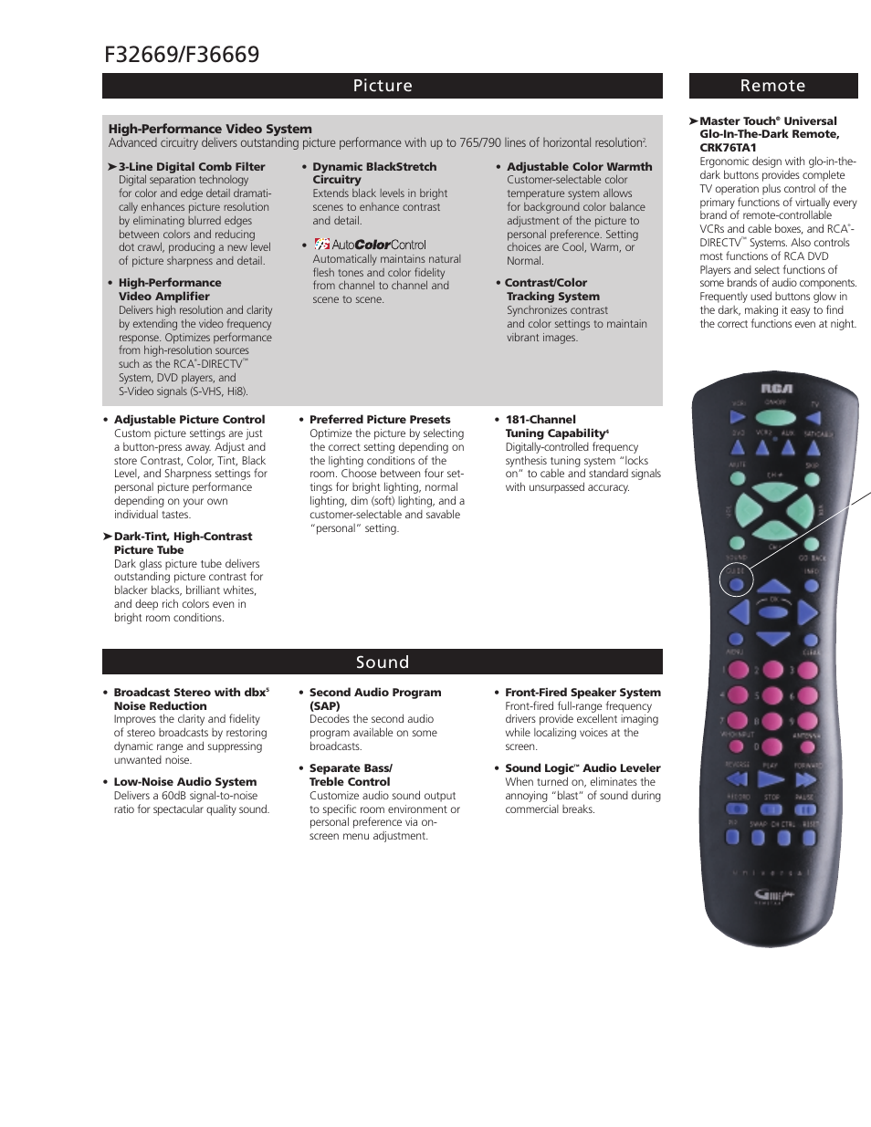 Picture remote sound | RCA F36669 User Manual | Page 2 / 4