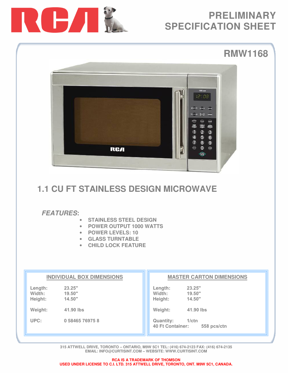 RCA RMW1168 User Manual | 1 page