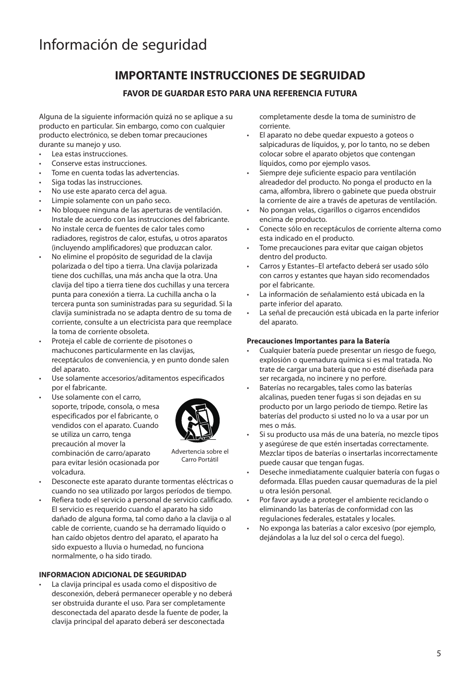 Importante instrucciones de segruidad, Información de seguridad | RCA SLC5016 User Manual | Page 34 / 87