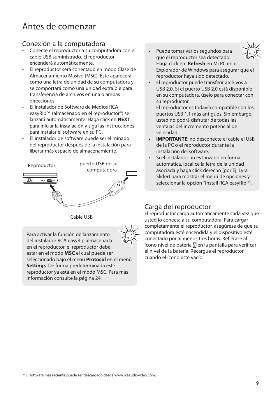 Conexión a la computadora, Carga del reproductor, Antes de comenzar | RCA SLC5016 User Manual | Page 38 / 87